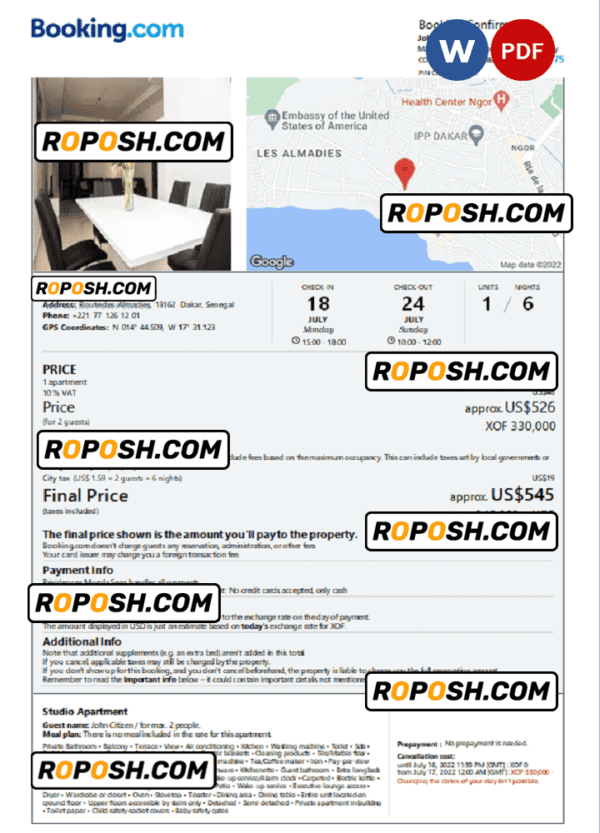 Senegal hotel booking confirmation Word and PDF template, 2 pages