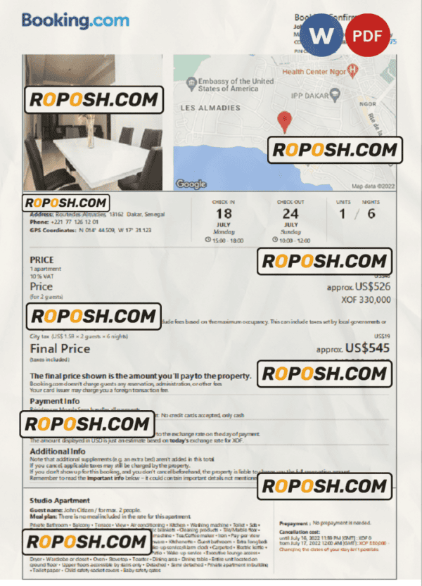 Senegal hotel booking confirmation Word and PDF template, 2 pages