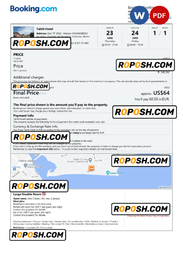 Benin hotel booking confirmation Word and PDF template, 2 pages