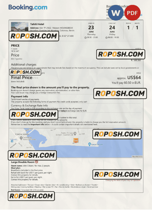 Benin hotel booking confirmation Word and PDF template, 2 pages