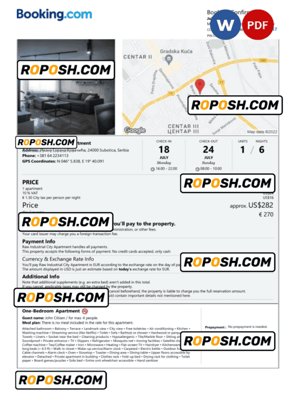 Serbia hotel booking confirmation Word and PDF template, 2 pages