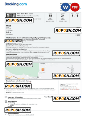 Seychelles hotel booking confirmation Word and PDF template, 2 pages