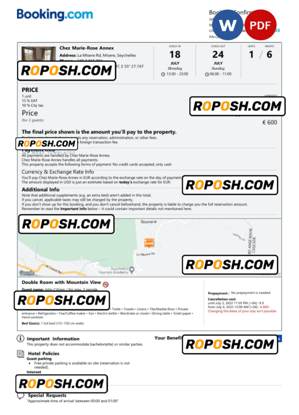 Seychelles hotel booking confirmation Word and PDF template, 2 pages