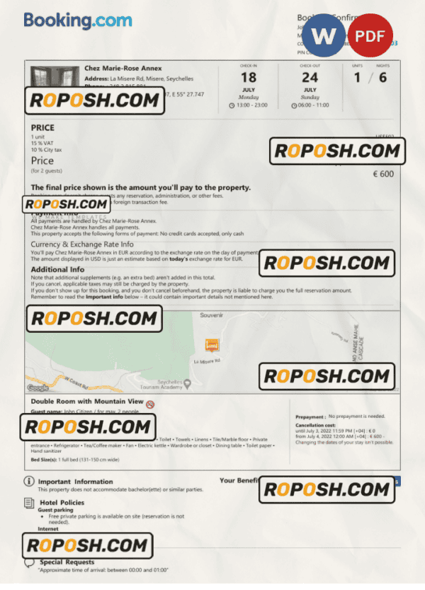 Seychelles hotel booking confirmation Word and PDF template, 2 pages