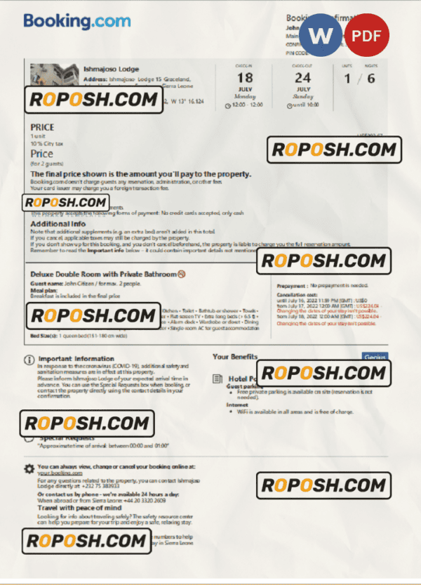 Sierra Leone hotel booking confirmation Word and PDF template
