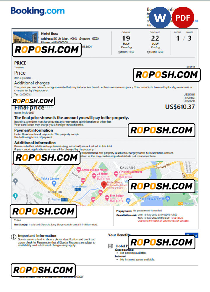 Singapore hotel booking confirmation Word and PDF template, 2 pages Singapore hotel booking confirmation Word and PDF template, 2 pages