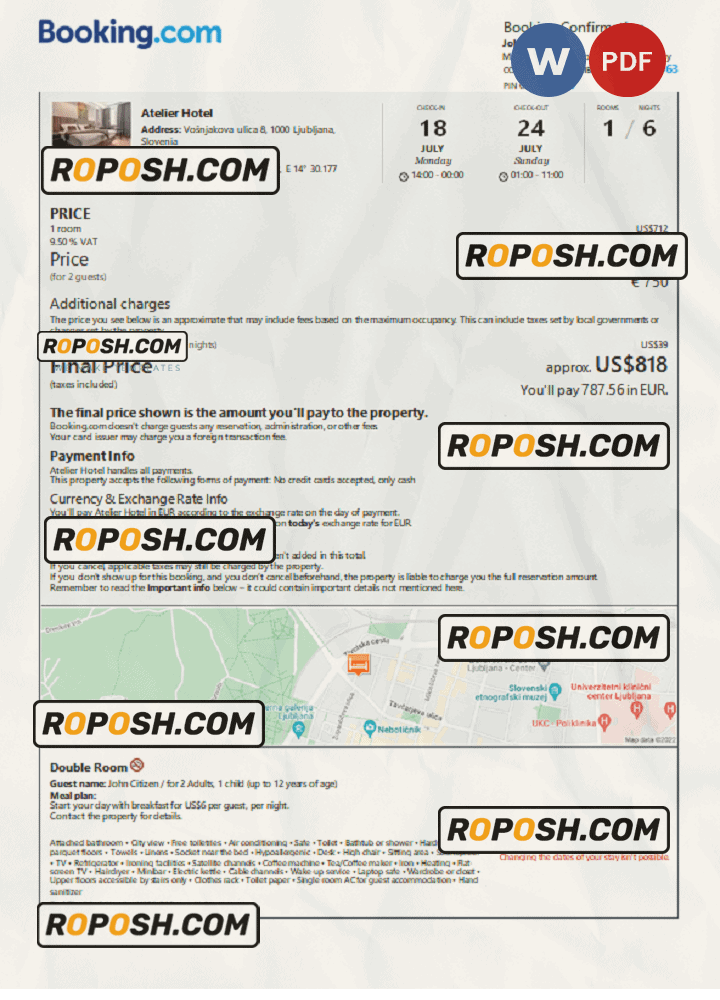 Slovenia hotel booking confirmation Word and PDF template, 2 pages Slovenia hotel booking confirmation Word and PDF template, 2 pages