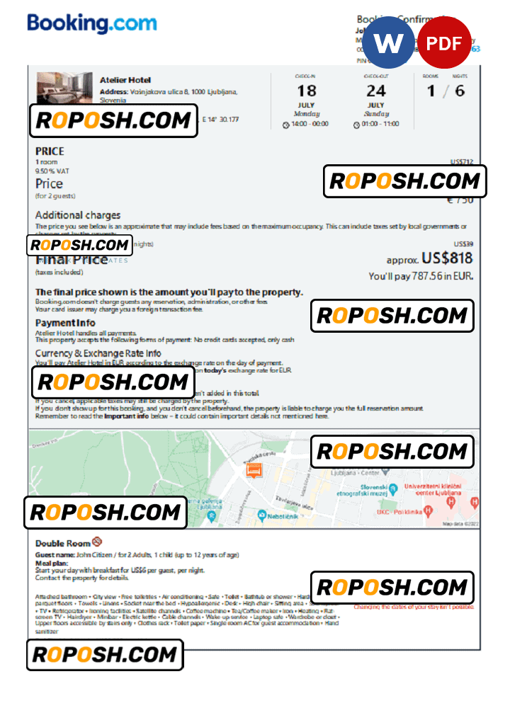 Slovenia hotel booking confirmation Word and PDF template, 2 pages Slovenia hotel booking confirmation Word and PDF template, 2 pages