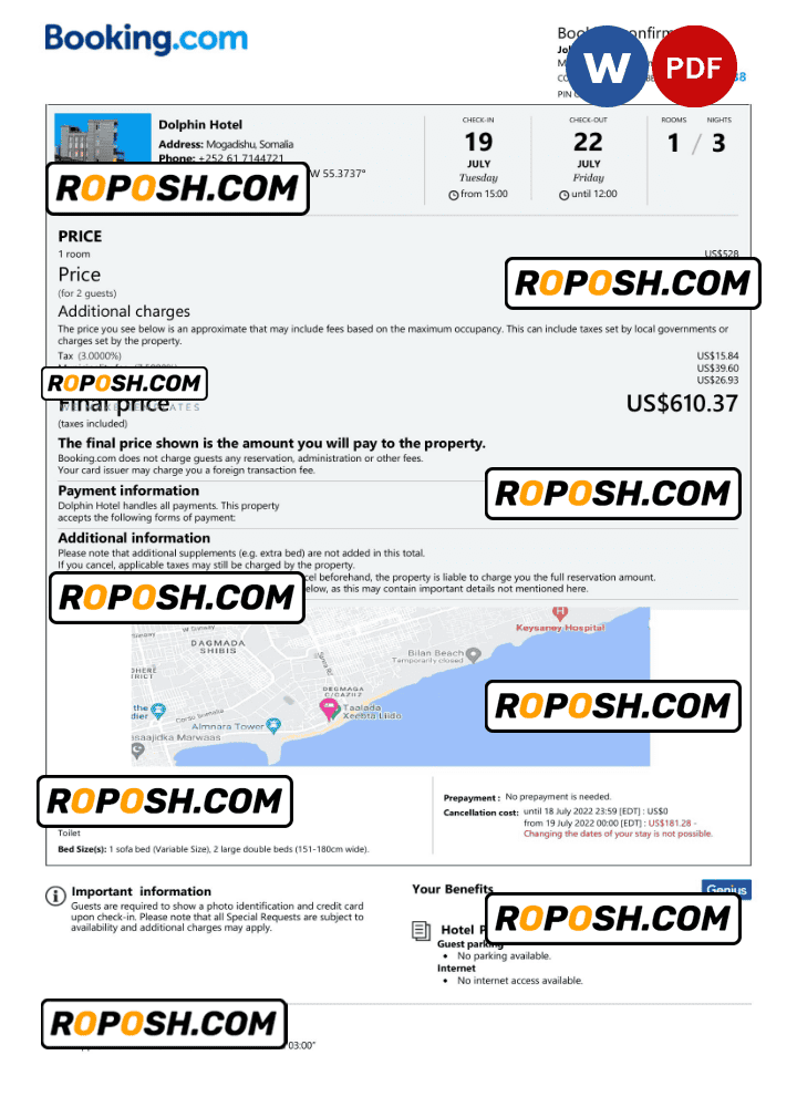 Somalia hotel booking confirmation Word and PDF template, 2 pages Somalia hotel booking confirmation Word and PDF template, 2 pages