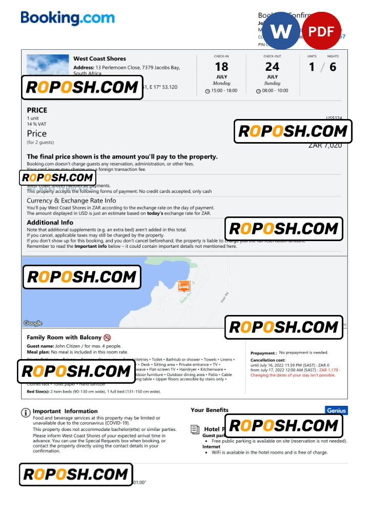 South Africa hotel booking confirmation Word and PDF template, 2 pages South Africa hotel booking confirmation Word and PDF template, 2 pages
