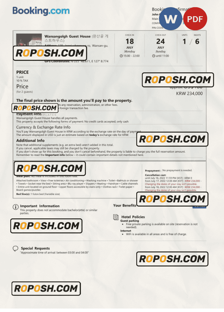 South Korea hotel booking confirmation Word and PDF template, 2 pages South Korea hotel booking confirmation Word and PDF template, 2 pages
