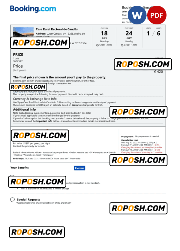 Spain hotel booking confirmation Word and PDF template, 2 pages