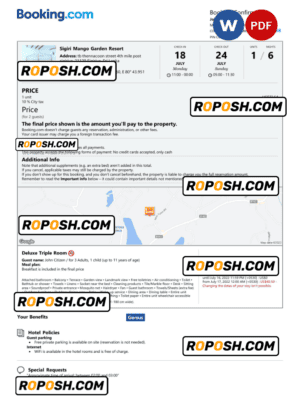 Sri Lanka hotel booking confirmation Word and PDF template, 2 pages