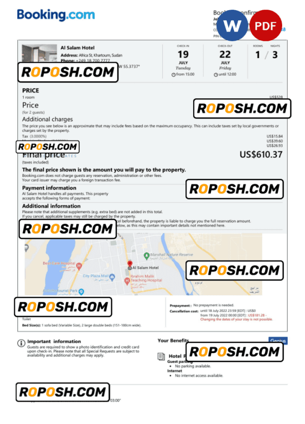 Sudan hotel booking confirmation Word and PDF template, 2 pages