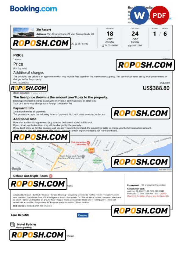 Suriname hotel booking confirmation Word and PDF template, 2 pages