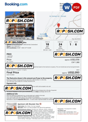 Switzerland hotel booking confirmation Word and PDF template, 2 pages