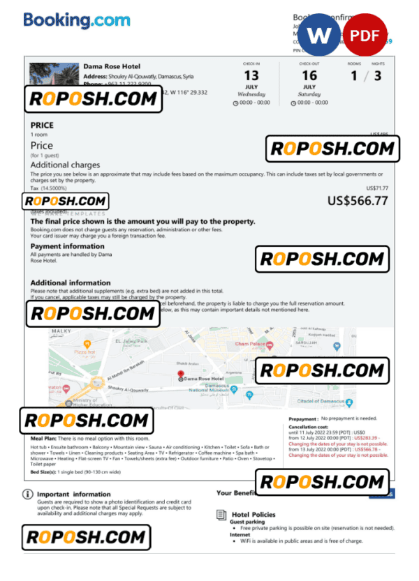 Syria hotel booking confirmation Word and PDF template, 2 pages