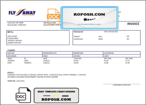 USA Fly Away Travel agency invoice template in Word and PDF format, fully editable
