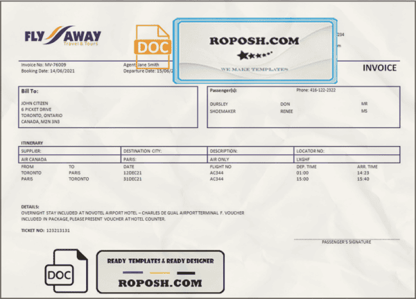 USA Fly Away Travel agency invoice template in Word and PDF format, fully editable