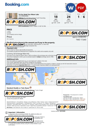 Taiwan hotel booking confirmation Word and PDF template, 2 pages