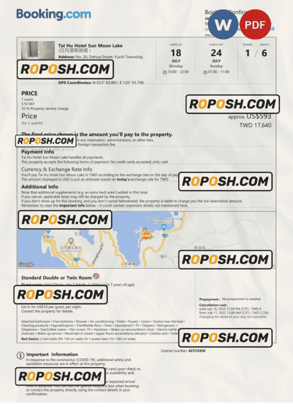 Taiwan hotel booking confirmation Word and PDF template, 2 pages