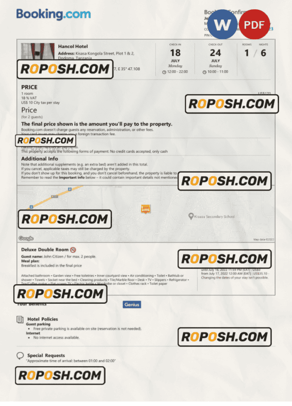 Tanzania hotel booking confirmation Word and PDF template, 2 pages