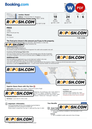 Thailand hotel booking confirmation Word and PDF template, 2 pages