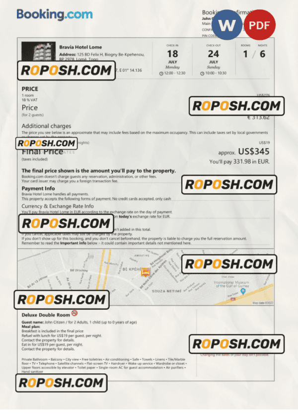 Togo hotel booking confirmation Word and PDF template, 2 pages