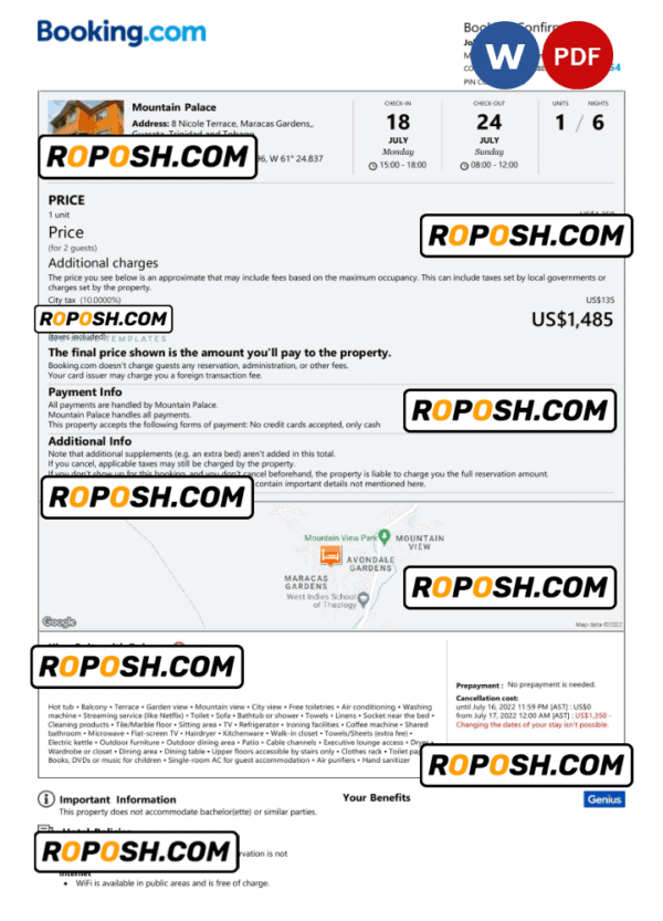 Trinidad and Tobago hotel booking confirmation Word and PDF template, 2 pages