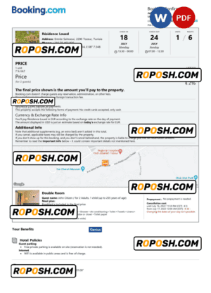Tunisia hotel booking confirmation Word and PDF template, 2 pages