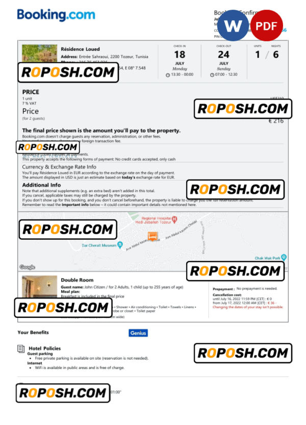 Tunisia hotel booking confirmation Word and PDF template, 2 pages