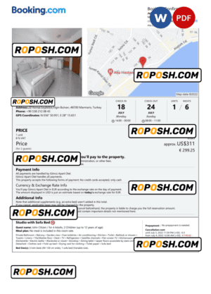 Turkey hotel booking confirmation Word and PDF template, 2 pages