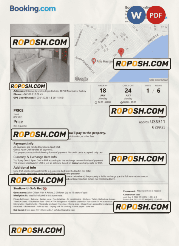 Turkey hotel booking confirmation Word and PDF template, 2 pages