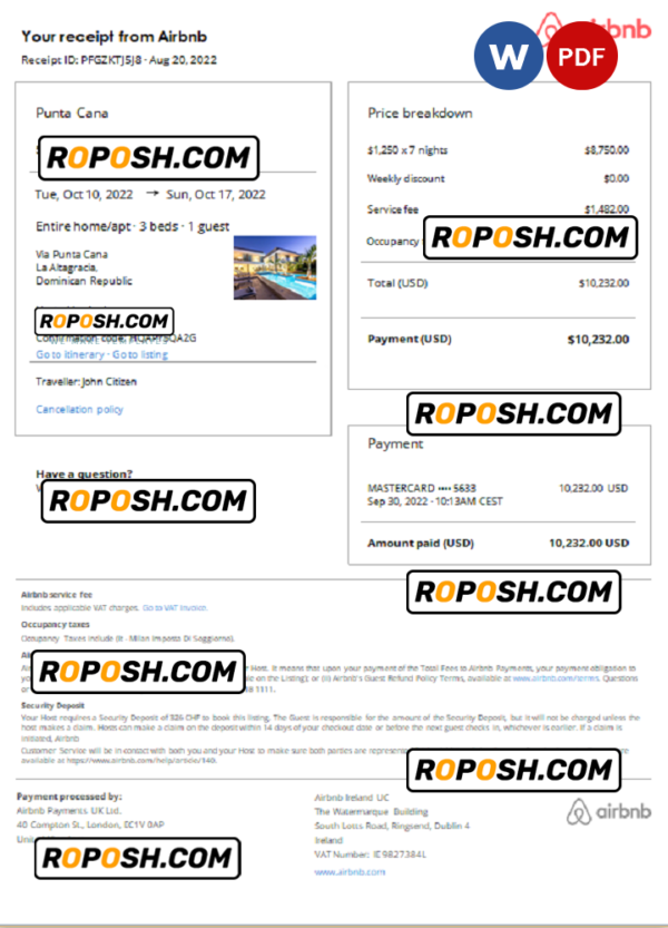 Dominican Republic Airbnb booking confirmation Word and PDF template