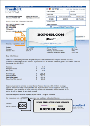 USA Froedtert Hospital invoice template in Word and PDF format, fully editable