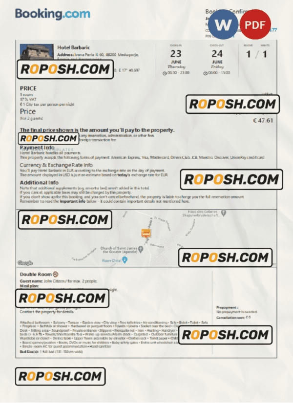 Bosnia and Herzegovina hotel booking confirmation Word and PDF template, 2 pages