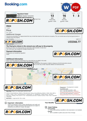 Turkmenistan hotel booking confirmation Word and PDF template, 2 pages