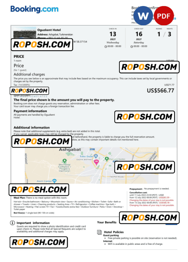 Turkmenistan hotel booking confirmation Word and PDF template, 2 pages