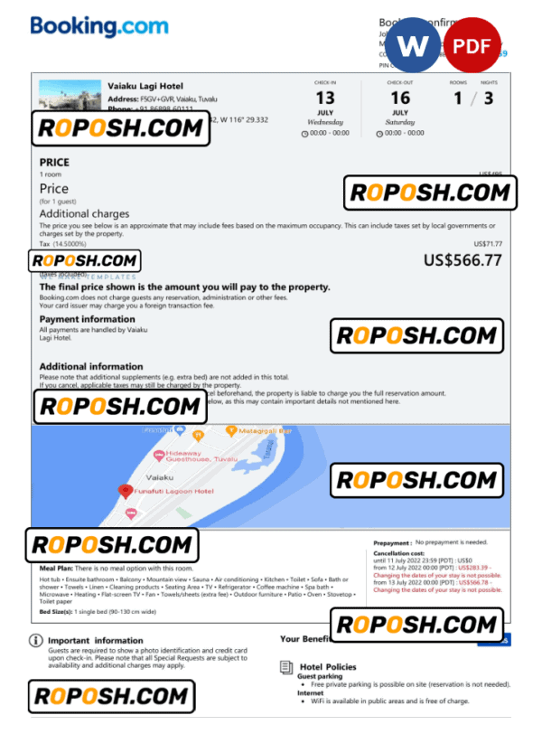 Tuvalu hotel booking confirmation Word and PDF template, 2 pages