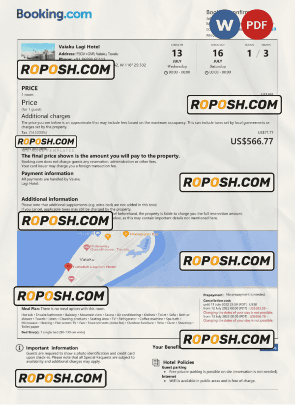 Tuvalu hotel booking confirmation Word and PDF template, 2 pages