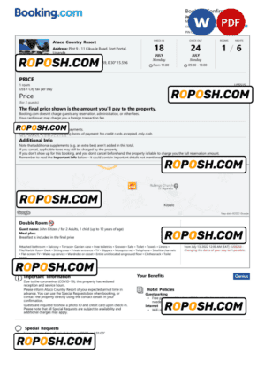 Uganda hotel booking confirmation Word and PDF template, 2 pages