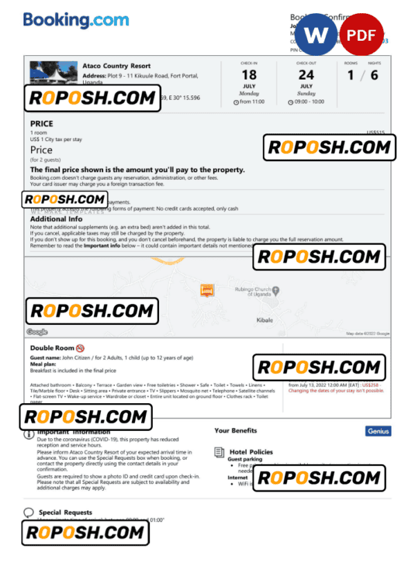 Uganda hotel booking confirmation Word and PDF template, 2 pages
