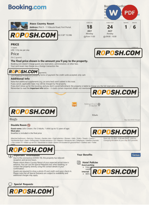 Uganda hotel booking confirmation Word and PDF template, 2 pages