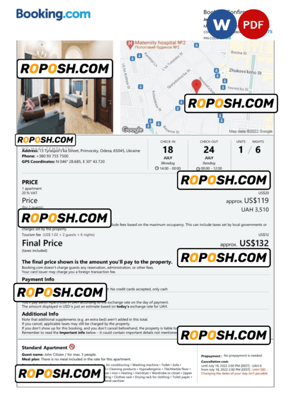 Ukraine hotel booking confirmation Word and PDF template, 2 pages
