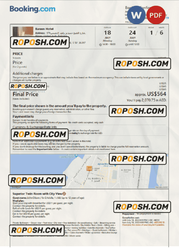 United Arab Emirates hotel booking confirmation Word and PDF template, 2 pages
