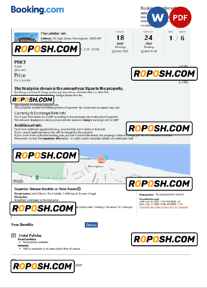 United Kingdom hotel booking confirmation Word and PDF template, 2 pages