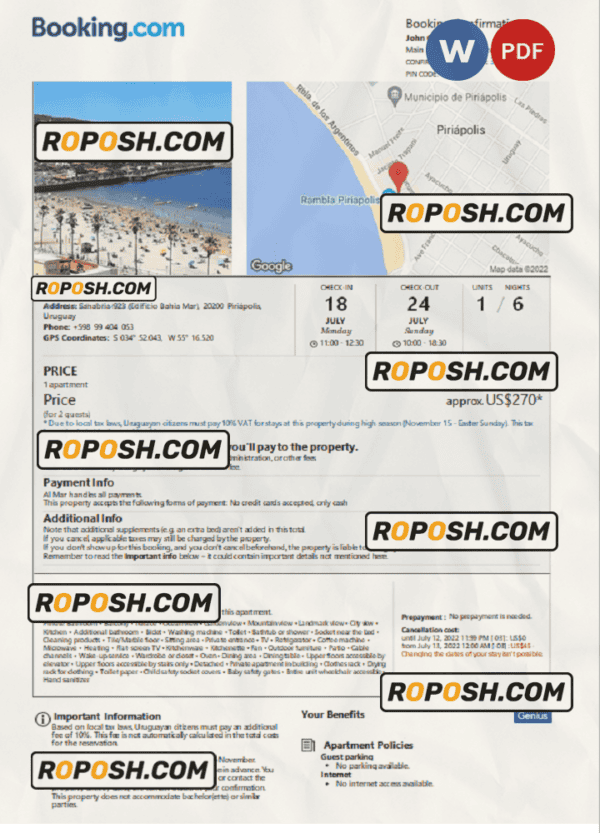 Uruguay hotel booking confirmation Word and PDF template, 2 pages