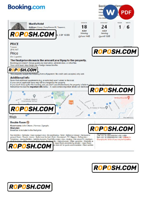 Uzbekistan hotel booking confirmation Word and PDF template, 2 pages