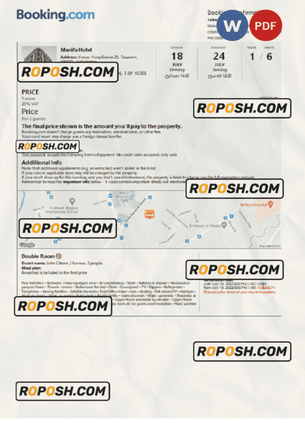 Uzbekistan hotel booking confirmation Word and PDF template, 2 pages