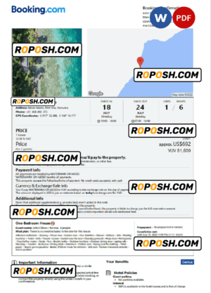 Vanuatu hotel booking confirmation Word and PDF template, 2 pages